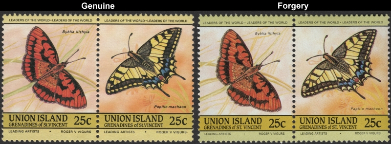 Saint Vincent Union Island 1985 Butterflies Forgeries with Genuine 25c Stamp Comparison Saint Vincent Union Island 1985 Butterflies Forgeries with Genuine 25c Stamp Comparison